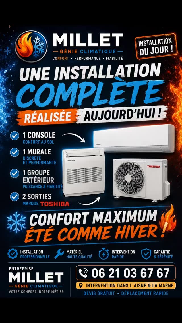 ❄️🔥 INSTALLATION DU JOUR RÉALISÉE ! 🔥❄️
Aujourd’hui, nous avons installé un système Toshiba bi-split comprenant :
✅ 1 console au sol
✅ 1 unité murale
✅ 1 groupe extérieur
✅ Confort été comme hiver
✅ Économies d’énergie toute l’année
Un chantier propre et soigné réalisé par Millet Génie Climatique 💪
Vous aussi, vous souhaitez gagner en confort tout en réduisant votre consommation énergétique ? 📉
📍 Intervention dans l’Aisne, la Marne et les Hauts-de-France
📞 Devis gratuit : 06 21 03 67 67
👉 Dites-nous en commentaire : vous préférez une console au sol ou une murale ?#climatisation #froid #toshiba #pompeàchaleur