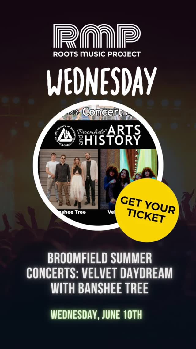 โ๏ธ๐ถ Come join Velvet Daydream with Banshee Tree @bansheetree TOMORROW Wednesday, June 10th for an unforgettable summer concert experience! โจ
Enjoy free family summer concerts in Broomfield โ all ages welcome to create musical memories and the perfect soundtrack to your summer ๐ณ๐ธ
Presented by the Arts and History Division of the Library, Arts, History and CSU Extension Department, this Summer Concert Series is packed with engaging live music and good vibes for the whole family ๐ซ
โฐ Starts at 6:30 PM
๐ Get your tickets at: RMPtix.com
.
.
.
#SummerConcertSeries #FamilyFriendlyEvents #LiveMusicColorado #BroomfieldEvents #RootsMusicProject
