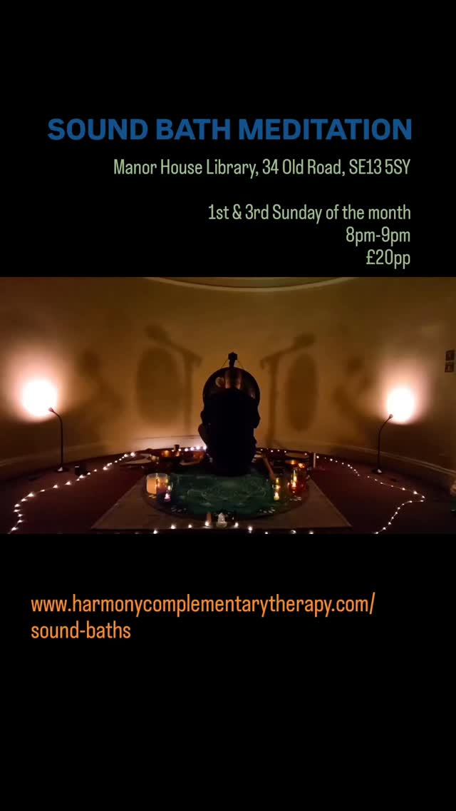 SOUND BATH MEDITATION at Manor House Library Lewisham (34 Old Road, SE13 5SY)
1st & 3rd Sunday of the month
8pm-9pm
£20pp
Guided meditation and therapeutic sound to help you achieve deep relaxation, calm your mind and prepare you for a restorative night's sleep.
This video loop is just me playing around with the shadows after my last session rather than representative of the sessions I deliver. In the sessions themselves, a variety of instruments are used to offer you the opportunity to gently journey through sound and explore your inner world.
More information and bookings via my website in my bio:
www.harmonycomplementarytherapy.com