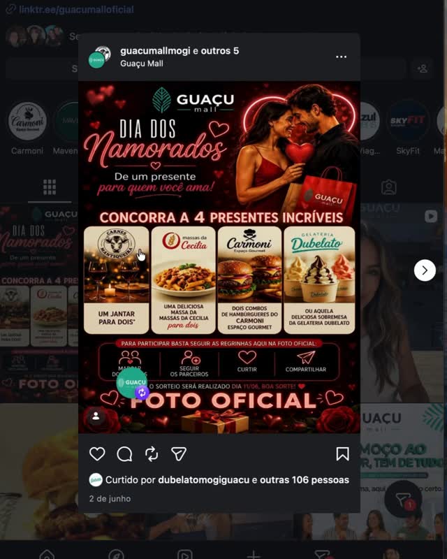 🎉✨ Parabéns aos nossos ganhadores! ✨🎉
Chegou a hora de conhecer os sortudos da vez:
🥇 @kmyllynha.mendonca Mantiqueira
🥈 @jaquedias_35 Massas da Cecília
🥉 @mayra.souza88 Carmoni Gourmet
🏅 @mar.celo.henrique_sattin - Dubelato
*Lembrando que os prêmios podem ser resgatados até o final deste mês.
*Jantar no Mantiqueira também até o fim do mês com excessão do dia 12/06.
Agradecemos a todos que participaram, curtiram, comentaram e fizeram parte dessa ação especial. ❤️
Parabéns aos vencedores! Entraremos em contato para combinar a retirada dos prêmios. 🎁🍀
Fiquem ligados, porque em breve teremos mais novidades, promoções e sorteios por aqui! 😉