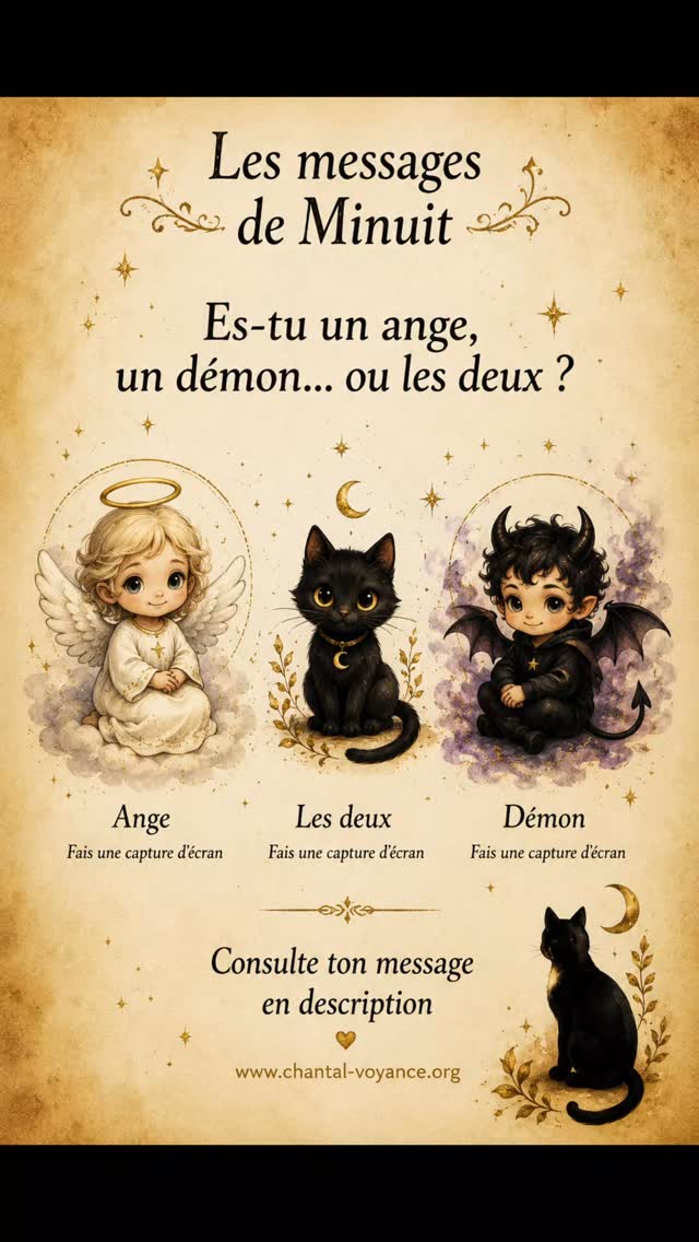 ✨ Fais une capture d'écran et découvre si Minuit te voit plutôt comme un ange, un démon... ou un subtil mélange des deux. 😇😈🐈⬛
---
😇 Tu as obtenu l'ANGE
Ton cœur est rempli de douceur, d'empathie et de bienveillance. Tu fais souvent passer les autres avant toi et tu cherches naturellement l'harmonie autour de toi.
Mais attention : être un ange ne signifie pas tout accepter. Il est parfois nécessaire de poser des limites et de penser à soi.
🌟 Ton message du jour : Ta gentillesse est une force. N'oublie pas qu'elle mérite aussi d'être dirigée vers toi-même.
---
😈 Tu as obtenu le DÉMON
Oh toi... 😏
Tu possèdes une belle part d'indépendance et un petit côté rebelle. Tu n'aimes pas qu'on te dise quoi faire et tu préfères suivre ton propre chemin, même lorsqu'il est différent de celui des autres.
Tu es capable de surprendre, de provoquer parfois, mais toujours avec une certaine malice.
🔥 Ton message du jour : N'aie pas peur d'assumer qui tu es. Ce qui te rend différent est souvent ce qui te rend unique.
---
🐈⬛ Tu as obtenu LES DEUX
Comme Minuit, tu es un subtil mélange de lumière et d'espièglerie.
Tu peux être adorable un instant, puis parfaitement imprévisible l'instant d'après. Tu sais être tendre, drôle, généreux, mais aussi défendre ton territoire quand c'est nécessaire.
Finalement, tu as compris quelque chose d'important : personne n'est tout blanc ou tout noir.
✨ Ton message du jour : C'est dans l'équilibre entre tes qualités, tes défauts, ta sagesse et ta folie que réside ta véritable richesse.
#MessagesDeMinuit #Guidance #angeoudemon #MessageDuJour #ChantalVitalis ✨