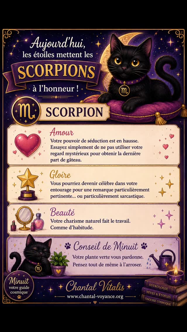 🐈⬛✨ Aujourd'hui, les étoiles mettent les Scorpions à l'honneur !
♏ SCORPION
💘 Amour Votre pouvoir de séduction est en hausse. Essayez simplement de ne pas utiliser votre regard mystérieux pour obtenir la dernière part de gâteau.
⭐ Gloire Vous pourriez devenir célèbre dans votre entourage pour une remarque particulièrement pertinente... ou particulièrement sarcastique.
💄 Beauté Votre charisme naturel fait le travail. Comme d'habitude.
🐈⬛ Conseil de Minuit « Tout le monde n'est pas obligé de connaître tous vos secrets. C'est plus drôle comme ça. »
✨ Prévisions humoristiques imaginées pour le plaisir et la bonne humeur. Ne remplacent ni une consultation astrologique, ni le bon sens de votre grand-mère.
Et vous, Scorpion ou proche d'un Scorpion ? 🦂😄
👉 #Scorpion 👉 #SigneDuJour 👉 #HoroscopeHumoristique 👉 #MinuitLeChat 👉 #ChantalVitalis