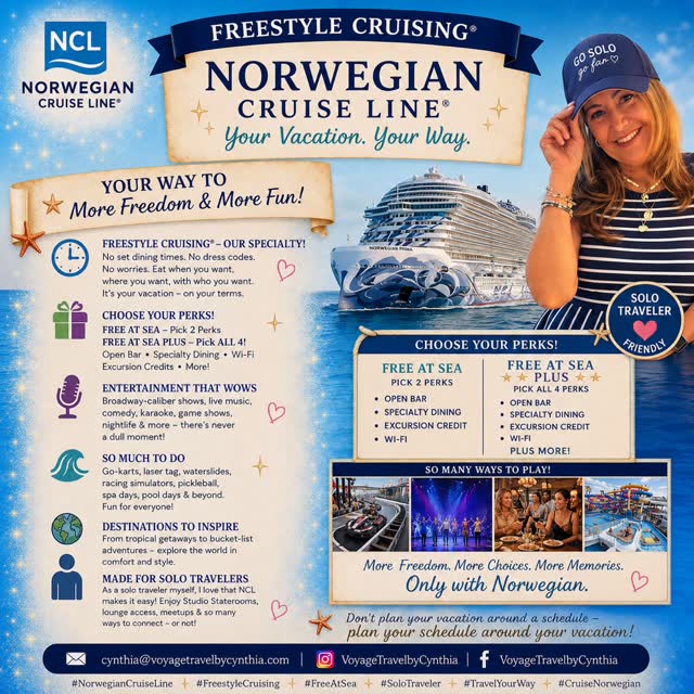 CRUISE LINE SPOTLIGHT: NORWEGIAN CRUISE LINE ✨🚢
If flexibility, amazing entertainment, and incredible value are important to you, Norwegian Cruise Line deserves a spot on your vacation list!
One of my favorite features is Norwegian’s Solo Studios—perfect for solo travelers who want to cruise without paying a hefty single supplement. As someone who has sailed Norwegian, I love how they make solo cruising easy, social, and affordable.
🌊 Freestyle Cruising means vacation on YOUR schedule:
🍽️ Dine when you want
🎭 Enjoy world-class entertainment
🍹 Relax your way with no rigid schedules
Don’t miss Norwegian’s stunning newest ships:
✨ Norwegian Aqua
✨ Norwegian Luna
✨ Norwegian Prima
And with the popular Free at Sea promotion, you can enjoy valuable perks like a beverage package, specialty dining, Wi-Fi, and more, making your vacation even better.
Whether you’re traveling solo, as a couple, or with family, Norwegian offers something for everyone.
As your cruise expert, I’d love to help you find the perfect Norwegian sailing!
#NorwegianCruiseLine #NCL #CruiseLineSpotlight #FreestyleCruising