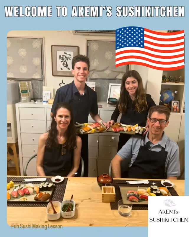We welcomed a family of four from Chicago.
I was happy to hear that they love sushi, and eat it about once a week.
They all did very well, each creating their own unique sushi plates.
Thank you for coming!
☆Fun sushi making lesson☆
For reservations and more information, check the URLs in our profile: @akemis_sushikitchen
シカゴからご家族4名のゲストをお迎えしました。
お寿司が大好きで週1回は食べると聞き、嬉しくなりました。
皆さん、とてもお上手で、それぞれユニークな寿司プレートが出来上がりました。
ご来店、ありがとうございました!
ご予約や詳細は プロフィール @akemis_sushikitchen 内URLをチェックしてください
#Tokyo #SushiLesson #EdomaeSushi #SushiMakingLesson #JapanTravel