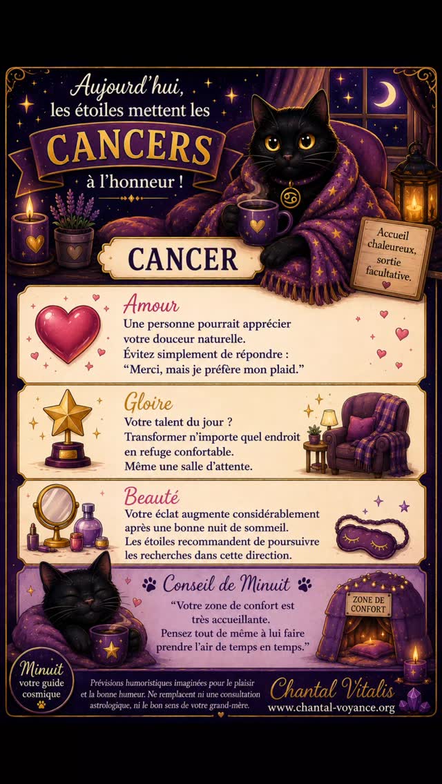 🐈⬛✨ Aujourd'hui, les étoiles mettent les Cancers à l'honneur !
♋ Les Cancers sont réputés pour leur douceur, leur sensibilité et leur incroyable capacité à transformer n'importe quel endroit en cocon confortable.
Voyons ce que Minuit a observé aujourd'hui... 🌙
💘 Amour Une personne pourrait apprécier votre douceur naturelle aujourd'hui. Évitez simplement de répondre : « Merci, mais je préfère mon plaid. »
⭐ Gloire Votre talent du jour ? Transformer n'importe quel lieu en refuge accueillant. Même une salle d'attente semble plus chaleureuse en votre présence.
💄 Beauté Votre éclat augmente considérablement après une bonne nuit de sommeil. Les étoiles recommandent de poursuivre les recherches dans cette direction.
🐈⬛ Conseil de Minuit "Votre zone de confort est très accueillante. Pensez tout de même à lui faire prendre l'air de temps en temps."
✨ Prévisions humoristiques imaginées pour le plaisir et la bonne humeur. Ne remplacent ni une consultation astrologique, ni le bon sens de votre grand-mère.
👇 Dites-moi en commentaire :
Êtes-vous Cancer ou connaissez-vous quelqu'un qui considère son plaid comme un membre de la famille ? 😄🏡
#Cancer #SigneDuJour #HoroscopeHumoristique #MinuitLeChat #ChantalVitalis