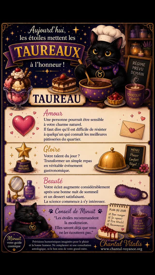 🐈⬛✨ Aujourd'hui, les étoiles mettent les Taureaux à l'honneur !
♉ Les Taureaux sont réputés pour leur patience, leur loyauté et leur incroyable talent pour repérer la meilleure pâtisserie à plusieurs kilomètres à la ronde.
Voyons ce que Minuit a observé aujourd'hui... 🌙
💘 Amour Une personne pourrait être sensible à votre charme naturel. Il faut dire qu'il est difficile de résister à quelqu'un qui connaît les meilleures adresses gourmandes du quartier.
⭐ Gloire Votre talent du jour ? Transformer un simple repas en véritable événement gastronomique. Certains parlent d'un déjeuner, vous parlez d'une expérience.
💄 Beauté Votre éclat augmente considérablement après une bonne nuit de sommeil et un dessert satisfaisant. Les étoiles confirment leurs observations.
🐈⬛ Conseil de Minuit "Les étoiles recommandent la modération. Elles savent déjà que vous ne les écouterez pas."
✨ Prévisions humoristiques imaginées pour le plaisir et la bonne humeur. Ne remplacent ni une consultation astrologique, ni le bon sens de votre grand-mère.
👇 Dites-moi en commentaire :
Êtes-vous Taureau ou connaissez-vous un Taureau capable de traverser toute une ville pour une bonne pâtisserie ? 😄🍰
#Taureau #SigneDuJour #HoroscopeHumoristique #MinuitLeChat #ChantalVitalis