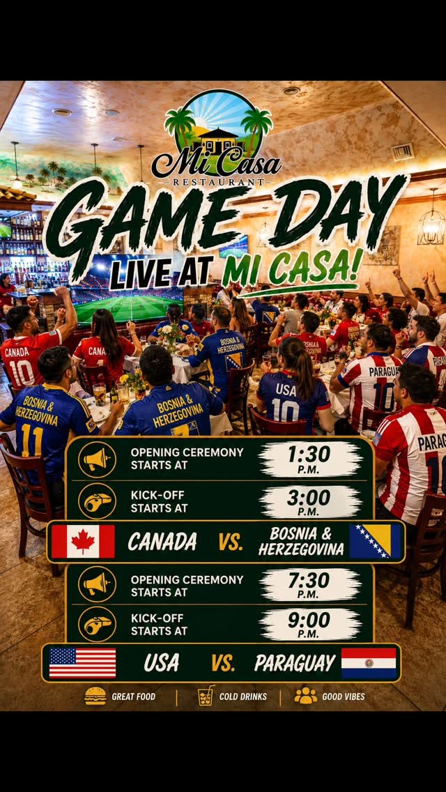 ⚽ GAME DAY IS HERE! ⚽
Catch all the action live at Mi Casa Restaurant as Canada takes on Bosnia & Herzegovina and USA faces Paraguay! Gather your crew, enjoy great food, cold drinks, and the electric atmosphere while cheering for your favorite team. 🍻🔥
📍 Watch every moment with us! 🍽️ Delicious food 🍹 Refreshing drinks 🎉 Unmatched game-day energy
Who are you rooting for? 👇
#GameDay #SoccerFans #CanadaVsBosnia #USAvsParaguay #WatchParty LiveSports MiCasaRestaurant SoccerNight FoodAndDrinks