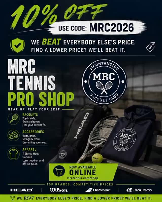 🎾 **MRC Tennis Pro Shop – Why Pay More?** 🎾
Looking for a new racquet, tennis gear, or apparel? Shop the **MRC Tennis Pro Shop** and save!
✅ **We beat everybody else’s prices**
✅ **10% OFF your order with code: MRC2026**
✅ Top brands including **HEAD, Wilson, Babolat, and Solinco**
✅ Racquets, accessories, apparel, strings, bags, hats, hoodies, and more
If you find a lower advertised price, let us know—we’ll do our best to beat it.
🛒 Shop now: **mrctennis.com/shop** - Link in Bio
.
.
.
.
. #mountainsideracquetclub #tennis #tennisshop #tennisgear #tennisdeals