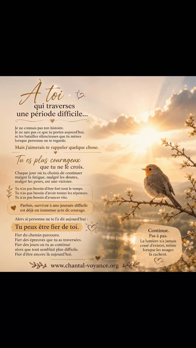💛 À toi qui traverses une période difficile...
Je ne connais pas ton histoire.
Je ne sais pas quels combats tu mènes en silence, quelles inquiétudes t'accompagnent ou quelles épreuves se dressent sur ton chemin.
Mais j'aimerais te rappeler quelque chose aujourd'hui :
✨ Tu es plus courageux que tu ne le crois.
Chaque jour où tu choisis d'avancer malgré la fatigue, les doutes ou les peurs est déjà une victoire.
Tu n'as pas besoin d'être fort tout le temps. Tu n'as pas besoin d'aller vite. Tu n'as pas besoin d'avoir toutes les réponses.
Parfois, continuer pas à pas est déjà un immense acte de courage.
Alors si personne ne te l'a dit aujourd'hui :
💛 Tu peux être fier de toi.
Fier du chemin parcouru. Fier des obstacles franchis. Fier d'être encore là aujourd'hui.
Prends soin de toi.
🌐 www.chantal-voyance.org
#MessageDuJour #Courage #Bienveillance #DéveloppementPersonnel #ChantalVitalis