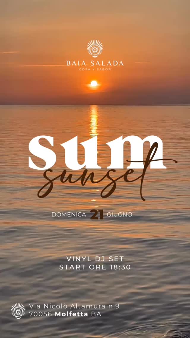 SUM SUNSET
21 Giugno | Baia Salada
L'estate non arriva sul calendario. Arriva in quel preciso istante in cui la pelle incontra la salsedine, i pensieri rallentano e il sole sembra indugiare qualche minuto in più sull'orizzonte.
Per celebrare il primo tramonto d'estate, SUM si sposta sul mare.
Tra luce dorata, vinili e dettagli sartoriali mossi dal vento.
📍 Baia Salada, Via Nicolò Altamura n.9, Molfetta
🕡 Start ore 18:30
📻 Vinyl Dj Set
👔 Dress Code: Salt Signature
Una palette luminosa e naturale: bianco, écru, sabbia, pietra, avorio, beige, corda, celeste polvere.
"Vestiti come se stessi per assistere al tramonto più bello dell'anno."
L'ingresso è riservato solo su prenotazione al costo di €20, con una consumazione cocktail e aperitivo ispirati al mare Pugliese.
Riserva il tuo posto compilando il modulo qui sotto:
https://forms.gle/GJySH2bbicj41m4Y8
Ci vediamo dove inizia l'estate!