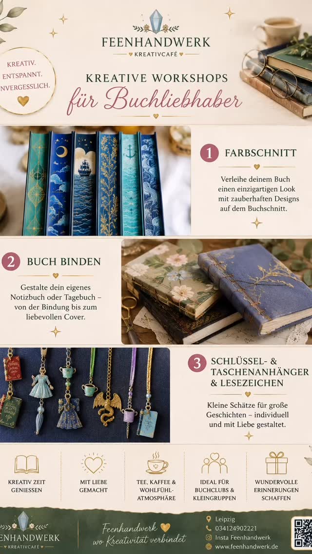 *NEU* Bookish events
📚 Buchbinden
26.06.2026
14:30 Uhr
€58
🖌️ Farbschnitt gestalten
23.07.2026
17:00–20:00 Uhr
€58
🧚♀️ Fantasy-Lesezeichen gestalten
05.08.2026
11:00–12:00 Uhr
€25
#bookish #basteln #leipzig #kreativ #buchliebhaber
