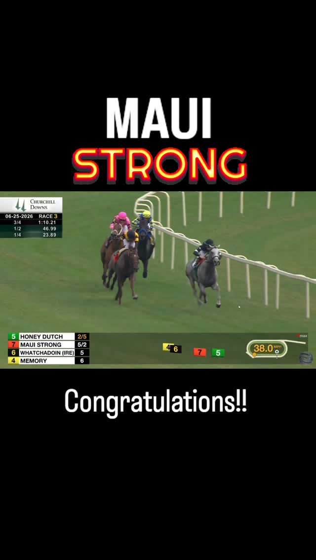 WINNER! Maui Strong comes back after 7 months, a brand new gelding but raring to go! The Kittens Joy four-year-old broke quickly from the gate for the early lead, lost the lead and then gained it back in a turbo-charged stretch run! @lsaezpty1 aboard! Congratulations @westpointtbreds, @bdracingstable and Edwin Barker