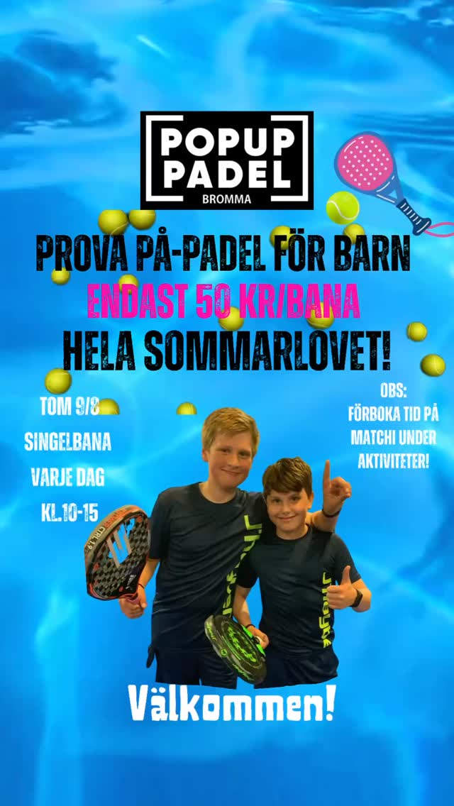 Prova padel på sommarlovet ☀️50kr/singelbana! 🎾🍉⛱️
…
Vi vill ge alla barn och unga möjlighet att prova på padel oavsett förutsättningar! Därför har vi avsatt en singelbana för 50kr/bana hela lovet! Banan är endast avsatt för barn och ungdomar som är nyfikna på padel och som vill prova att spela med en vän eller förälder. Boka alltid tid på Matchi under Aktiviteter!
#sommarlov #sommar #padel