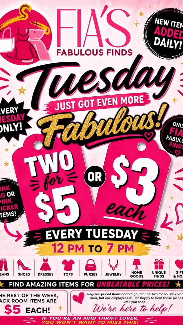 🎉 THRIFT LOVERS, Today IS TUESDAY! 🎉
Get ready to uncover amazing treasures at Fia’s Fabulous Finds!
🛍️ Shop our Back Room Sale
⏰ Tuesday | 12 PM – 7 PM
✨ EVERYTHING is just 2 for $5! ✨
You’ll find:
👗 Clothing
👠 Shoes
🏠 HomeGoods
💄 Beauty Products
🧸 Knickknacks
🎁 And so much more!
Treasure hunters, bargain lovers, and resellers—this is your chance to score incredible deals while inventory lasts.
⚠️ Please Note:
• No dressing rooms available
• Be prepared to try items on over your clothing
• New treasures added regularly
Why pay retail when you can thrift fabulous?
📍 Fia’s Fabulous Finds
843 Upshur Street NW, Washington, DC
See you today from 12 PM to 7 PM—your next fabulous find is waiting!#dcthrifting #fabulousfindsbyfia #petworthdc