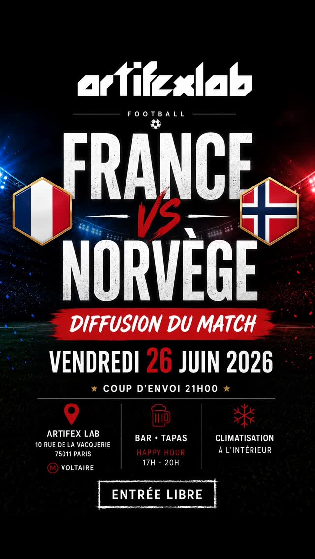🇫🇷⚽ Les Bleus jouent leur dernier match de groupe face à la Norvège !
Rendez-vous vendredi 26 juin chez Artifex Lab pour suivre la rencontre dans une ambiance conviviale autour d'un verre et de quelques tapas.
📍 Artifex Lab — 10 rue de la Vacquerie, Paris 11
🍻 Happy Hour de 17h à 20h
❄️ Climatisation à l'intérieur
Pensez à réserver votre table.
Lien en bio
#ArtifexLab #EquipeDeFrance #FranceNorvege #CoupeDuMonde2026 #Paris11e