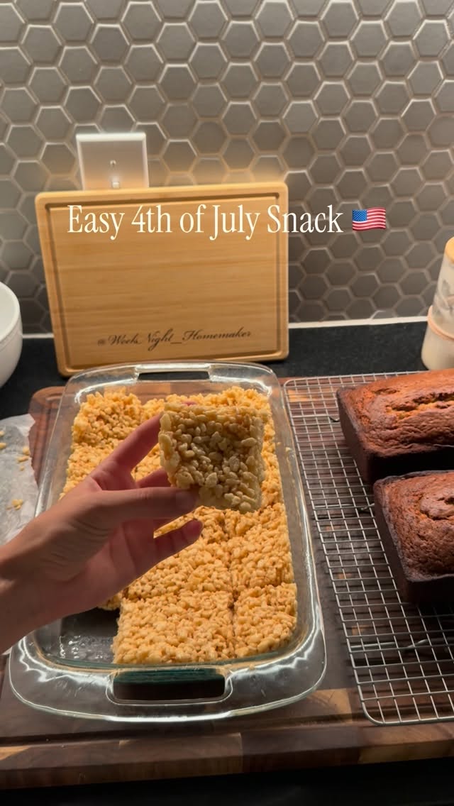 Rice Crispy Treats! Classic American treat to prep and enjoy all week as we prepare for the holiday weekend 🇺🇸 are you doing anything fun for the holiday? Follow along for more!
Here’s the simple recipe! (I doubled the batch in the video)
2 bags of mini marshmallows
1 stick of salted butter (or unsalted with a pinch of salt)
6 cups of rice cereal
A heaping teaspoon (or two) of vanilla
You can dress it up by adding sprinkles, m n ms or anything you want after you remove it from the heat!
Simply melt the butter on the stove then add the marshmallows. Allow to melt again then add the vanilla. Store throughout this process. Then add the rice crispys and remove from heat. Add the mixture to a 9x13 buttered pan! Make sure your pan is well greased, then press down and compress this mixture using wax paper!
#holiday #4thofjuly #dessert #party #yummy