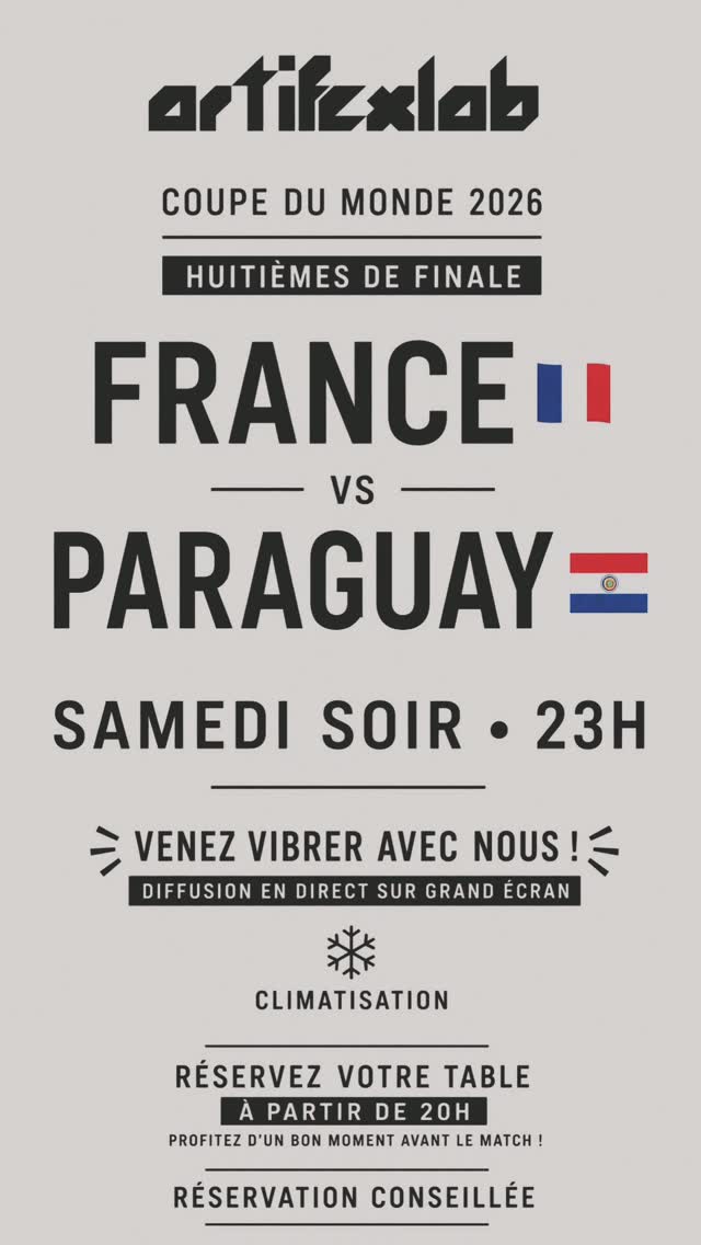 Les Bleus sont de retour !
⚽ Huitièmes de finale de la Coupe du Monde 2026 France 🇫🇷 vs Paraguay 🇵🇾
📅 Samedi • 🕚 23h
Retrouvez-nous chez Artifex Lab pour vivre le match dans une ambiance conviviale.
🍻 Les tables sont réservables dès 20h : profitez d'un verre et de notre carte avant le coup d'envoi.
❄️ Climatisation sur place pour passer une excellente soirée malgré la chaleur.
📍 Artifex Lab – 10 rue de la Vacquerie, Paris 11
🔗 Réservation via le lien en bio.
#ArtifexLab #FranceParaguay #CoupeDuMonde2026 #Paris11 #AllezLesBleus