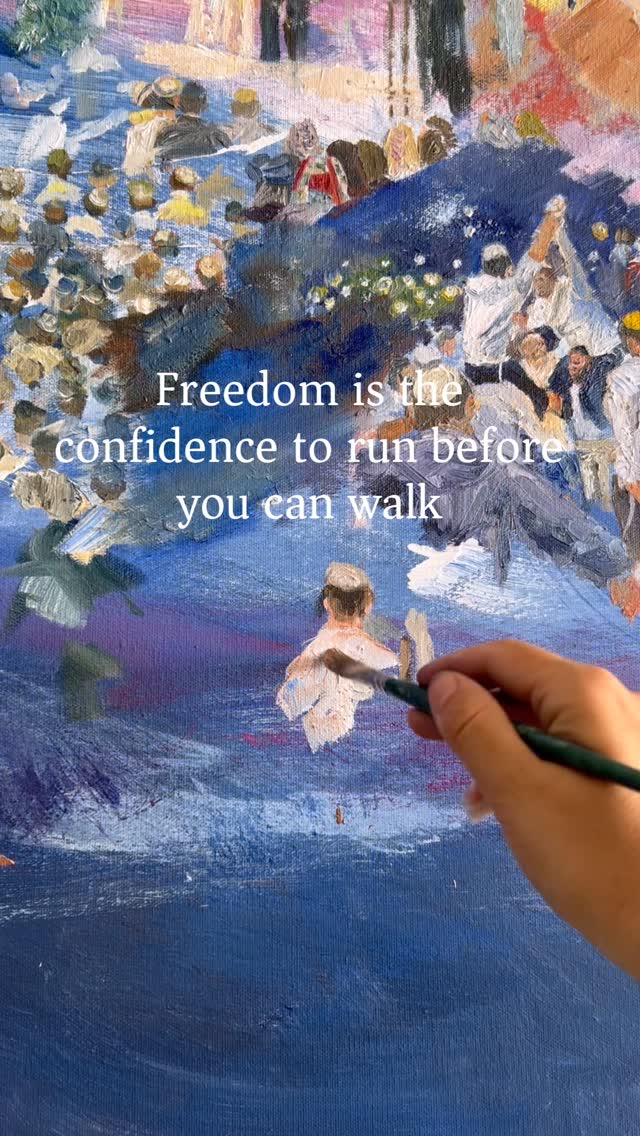 You can paint when you are inspired, or you can be inspired by what you paint.
New painting loading. The kind that feels as good as it looks.
Music, joy, happiness and holiness all rolled into one.
This is not the kind of painting that whispers quietly, it’s the kind that sings powerfully.
And when I say run before you walk, I mean paint before you sketch. It comes out so alive. Which is what this painting will be.
If you love a Jewish wedding, you are going to love this piece too.
Drop a 💙 if you want to see more!!