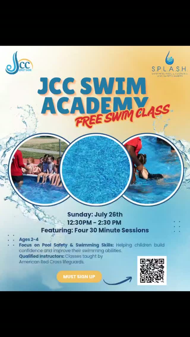 FREE Swim Class!
Sunday, July 26.
If your child has been thinking about swim lessons, this is the perfect opportunity to jump in.
Certified instructors. Small groups. Ages 2+.
Scan the QR code and reserve your spot before sessions fill up.
#SwimAcademy #FreeClass #SummerActivities #JCC #SwimLessons NJParents
