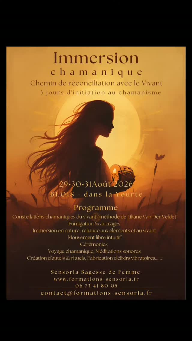 Immersion chamanique
Reconnectez vous à des traditions ancestrales pour votre mieux-être
Du 29 au 31 Août à Blois dans la yourte
Retrouvez le programme :
https://www.formations-sensoria.fr/initiation-au-chamanisme
Avec toute ma gratitude
Sandrine
Sensoria Sagesse de Femme 🥰
#chamanisme #rituelsancestraux #nature #sensoriasagessedefemme #blois