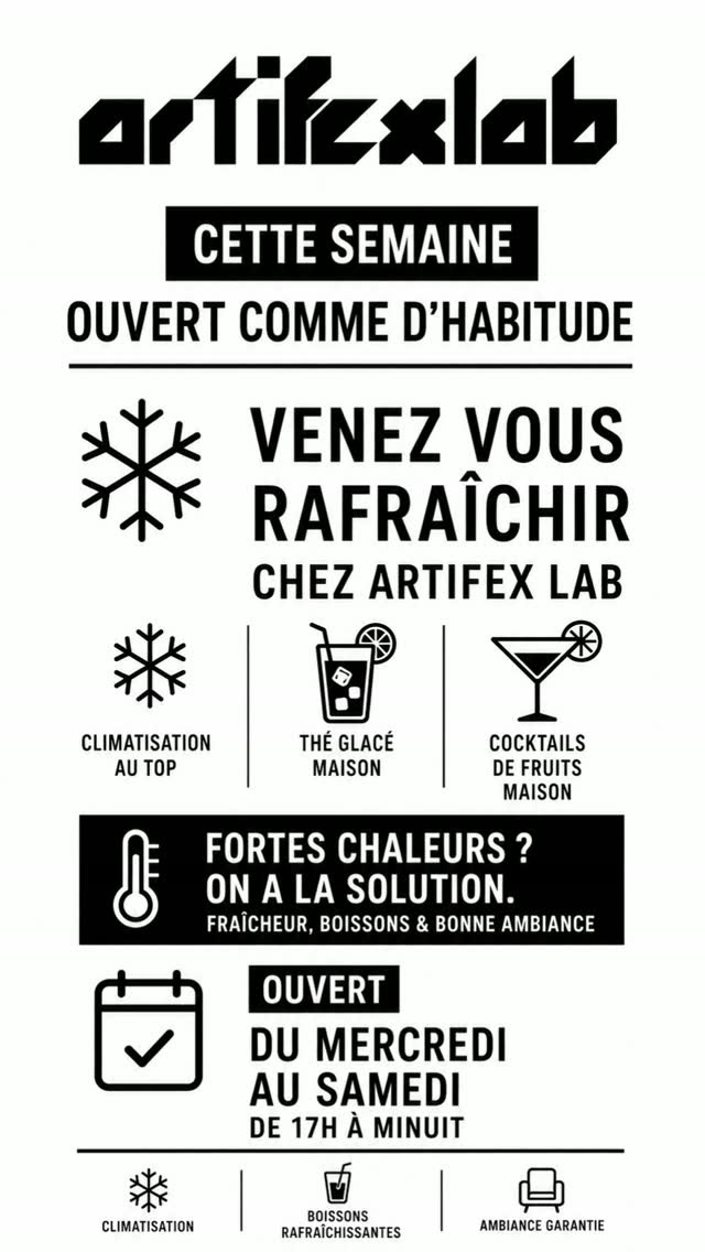☀️ Il fait chaud à Paris ? Chez Artifex Lab, on reste au frais.
Cette semaine, on est ouverts comme d’habitude, du mercredi au samedi, de 17h à minuit.
❄️ Climatisation
🧊 Thé glacé maison
🍹 Cocktails de fruits maison
🍸 Cocktails bien frais
✨ Et toujours l’ambiance Artifex Lab
Bref, plutôt que de fondre dehors, venez vous rafraîchir avec nous.
📍 Artifex Lab — Paris 11e
⏰ 17h → minuit
#ArtifexLab #Paris11 #BarParis #SortirAParis #ParisEnÉté
