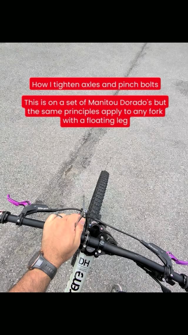 How I tighten axles and pinch bolts on my @manitoumtb Dorado.
It might seem like an obvious process but there steps you can do which allows the fork to be better aligned and as a result, perform better.
The important step of tightening the floating side pinch bolts while the fork is compressed, allows the leg to move into its natural position on the axle. Then tightening the pinch bolts secures it in that location.
Easy!
#datadrivendescents #engineeringspeed