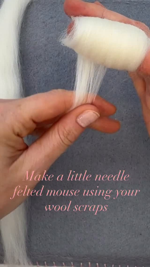 Make a needle felted mouse with me this morning. This is a sweet little project for using up small scraps of cream or white wool. You only need about 6g. Start by wrapping it around your finger. Slide it off and felt it on a soft surface, turning it all the time. Round off and narrow one end and flatten the other. Wrap a thinner length around your finger, slide it off and felt it into a ball. Remember to keep turning it. Felt this to the body firmly. Wrap a small strip around your needle to make a little sausage. Felt it to the front of the face as structure for the nose. Wrap a loose, short length of fibre under the chin and lightly tap it with the needle to bond it, blending the join and softening the face. Add a second piece over the forehead and repeat. Fold a short length of fibre at either end, wrap it around the body to create soft haunches. Lightly felt it all over until firm. Repeat with a much thinner, shorter length to make arms. Tuft up two small wisps of pink fibre and flat felt them, drawing a circle with the needle. Felt inside the circle. Then drag the fluffy edges into the circle. Turn and felt the other side. Carefully slide your needle along the edge, tucking fuzzy bit in. Attach to the head with some deep stabs. Add two eye pins and roll a strand of wool@in your palms for a tail. If you don’t have wool scraps or you’re not sure where to start, choose our mouse kit. Happy felting 🐭 Rach x. #needlefeltingtutorial #needlefeltedmouse #needlefeltingtips