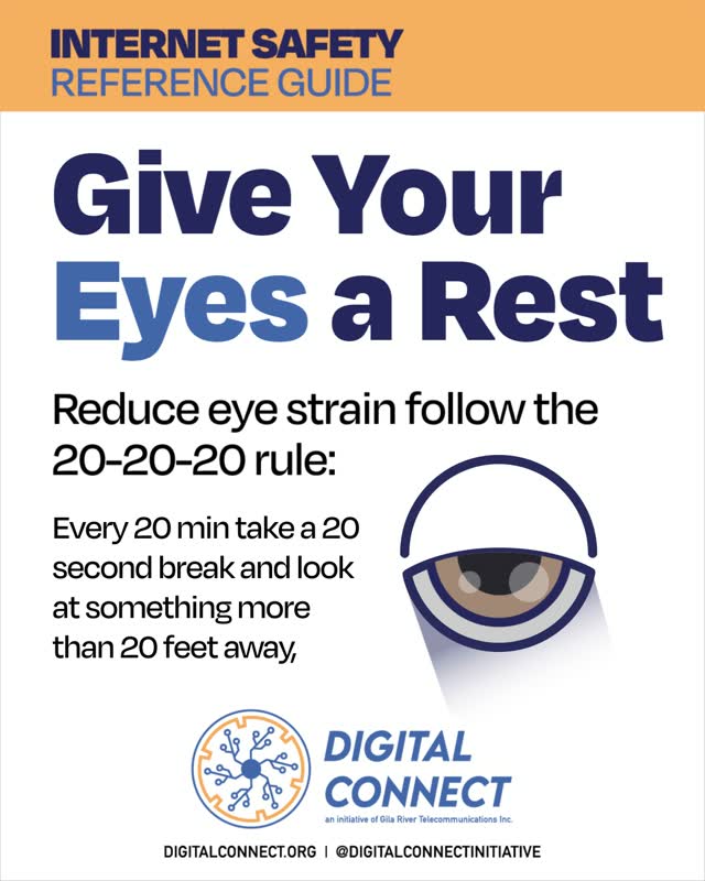 Give your eyes a rest and follow the 20-20-20 rule. Screen fatigue is real, but a simple breakthrough habit can protect your vision. Every 20 minutes, take a break to look at something 20 feet away for at least 20 seconds. It is an easy, science-backed way to break through digital eye strain and keep your mind sharp.
https://www.digitalconnect.org/contact
#EyeCare #WellnessTips #ScreenTime #HealthyHabits #DigitalWellness #Breakthrough #DigitalConnect #DigitalSkills #GrowthMindset #GRIC #GilaRiver #CulturedAndConnected