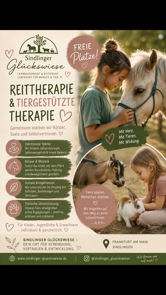 Da wir zwei neue Reittherapeutinnen im Team haben, haben wir einige freie Plätze für Reittherapie, Tiergestützte Therapie und Tiergestützte Trauerbegleitung. Meldet Euch gerne bei Bedarf unter 0176/80263098 (gerne per Whatsapp)
#sindlingerglückswiese #Reittherapie #tiergestützt #trauerbewältigung #frankfurt