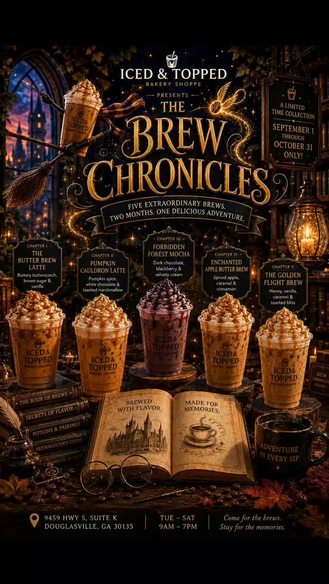 📖☕✨ TOMORROW… A NEW CHAPTER BEGINS. ✨☕📖
Iced & Topped proudly presents…
✨ THE BREW CHRONICLES ✨
Beginning TOMORROW, SEPTEMBER 1, we're opening the book on FIVE extraordinary limited-edition brews. Each flavor is its own chapter:
📖 Chapter I — The Butter Brew Latte
Butterscotch • Brown Sugar • Vanilla
🎃 Chapter II — Pumpkin Cauldron Latte
Pumpkin Spice • White Chocolate • Toasted Marshmallow
🌲 Chapter III — Forbidden Forest Mocha
Dark Chocolate • Blackberry • Velvety Cream
🍎 Chapter IV — Enchanted Apple Butter Brew
Spiced Apple • Caramel • Brown Sugar • Cinnamon
✨ Chapter V — The Golden Flight Brew
Honey • Vanilla • Caramel • Toasted Bliss
🍂 FIVE BREWS. TWO MONTHS. ONE DELICIOUS ADVENTURE.
But every good story eventually reaches its final page…
📅 September 1 – October 31 ONLY.
Which chapter are YOU starting with? 👀☕
Drop 1, 2, 3, 4 or 5 in the comments!
📍 Iced & Topped Bakery Shoppe
9459 Hwy 5, Suite K
Douglasville, GA 30135
✨ Brewed with flavor. Made for memories.
📖 Adventure in every sip.
#coffee #Douglasville #TheBrewChronicles #IcedAndTopped #CoffeeTok FallDrinks FallCoffee AtlantaCoffee DouglasvilleGA AtlantaFoodies PumpkinSpice SeasonalDrinks CoffeeLovers SeptemberDrinks OctoberDrinks LimitedEdition CoffeeShop