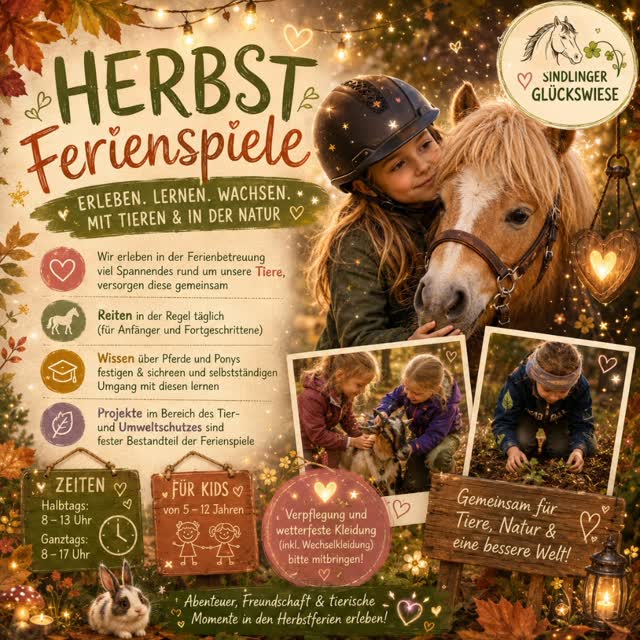 🍂🐴 HERBSTFERIENSPIELE AUF DER SINDLINGER GLÜCKSWIESE! 🐴🍂
Die Herbstferien werden bei uns zum echten Bauernhof-Abenteuer! 🐎🐄🐑🐖🐐
In beiden Herbstferienwochen könnt ihr eure Kinder zu unseren beliebten Herbstferienspielen anmelden! 🍁✨
Was euch erwartet?
🐴 Reiten für Anfänger & Fortgeschrittene
🐄🐑🐐🐖 Zeit mit unseren Tieren und gemeinsames Versorgen
🌿 Spannende Erlebnisse rund um Bauernhof, Natur & Tiere
🧠 Pferde- und Tierwissen spielerisch entdecken
🤎 Gemeinsam draußen sein, Neues lernen und jede Menge Spaß haben!
Bei uns dürfen Kinder mitmachen, ausprobieren, Verantwortung übernehmen und einfach eine wunderschöne Ferienzeit erleben. 🥰
📅 In beiden Herbstferienwochen
🍂 Woche 1 & Woche 2 buchbar
👧🧒 Für Kinds von 5-12 Jahren
⚠️ Die Plätze sind begrenzt!
👉 Die Anmeldung könnt ihr bequem und verbindlich über unsere Website vornehmen. Einfach online den gewünschten Termin auswählen und den Platz für euer Kind sichern.
🌐 www.sindlinger-glueckswiese.de
Wir freuen uns auf eine bunte, tierische und unvergessliche Herbstferienzeit mit euch! 🍁🐴🤎
Sindlinger Glückswiese – wo Ferien zu echten Abenteuern werden. ✨
#sindlingerglückswiese #frankfurtammain #tiergestütztepädagogik #Ferienspiele #kinderundtieregehörenzusammen