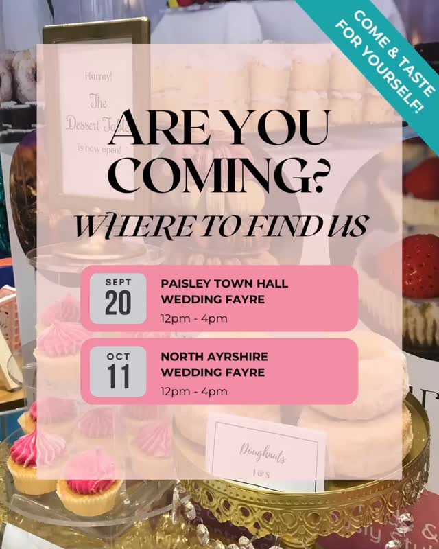 Can you believe that September is here and the BER months have started? I Here’s where you can find Sweet Everythings in the next wee while at these amazing Wedding Open Days & Events👇🏼
Join us at our stand to explore our gorgeous buttercream wedding cake and dessert table range. Enjoy cake tastings and samples, see our brand new dessert towers and browse through all the options in our wedding brochure. Plus, don’t miss your chance to enter our competition for a free wedding macarons!
🍰 Paisley Town Hall Wedding Fayre
📆 Sunday 20 September, 12am - 4pm
📍 You’ll find us at @paisleytownhall, Abbey Close, Paisley PA1 1JF
🎟️ Grab your tickets here:
https://www.itsthelittlethings.me.uk/paisley-wedding-fayre 👈
🍰 North Ayrshire Wedding Fayre
📆 Sunday 11 October, 12am - 4pm
📍 You’ll find us at @geilsland_estate, Geilsland Estate, Wardrop Street, Beith KA15 1HE
🎟️ Grab your tickets here:
https://www.itsthelittlethings.me.uk/event-details/north-ayrshire-wedding-exhibition 👈
Let’s chat about your dream wedding! Can’t wait to see you there!
📍Glasgow Weddings • Edinburgh Weddings • Wedding Dessert Table • Buttercream Wedding Cake • Scottish Weddings • Modern Wedding Cakes • Scottish Wedding Venue • Wedding Macarons • Wedding Doughnuts