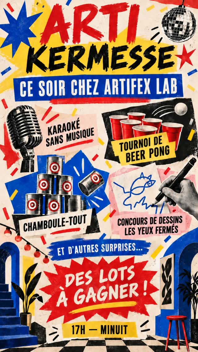 CE SOIR, C’EST L’ARTI KERMESSE ! 🎪
De 17h à minuit, venez jouer, chanter, viser… et tenter de gagner plein de lots chez Artifex Lab !
🎤 Karaoké sans musique
🏓 Tournoi de beer pong
🥫 Chamboule-tout
✍️ Concours de dessins les yeux fermés
🎁 Et d’autres surprises…
Ramenez vos amis et votre esprit de compétition : ce soir, tout peut arriver ! 🔥
#ArtifexLab #ArtiKermesse #Paris11 #SortirÀParis #Kermesse