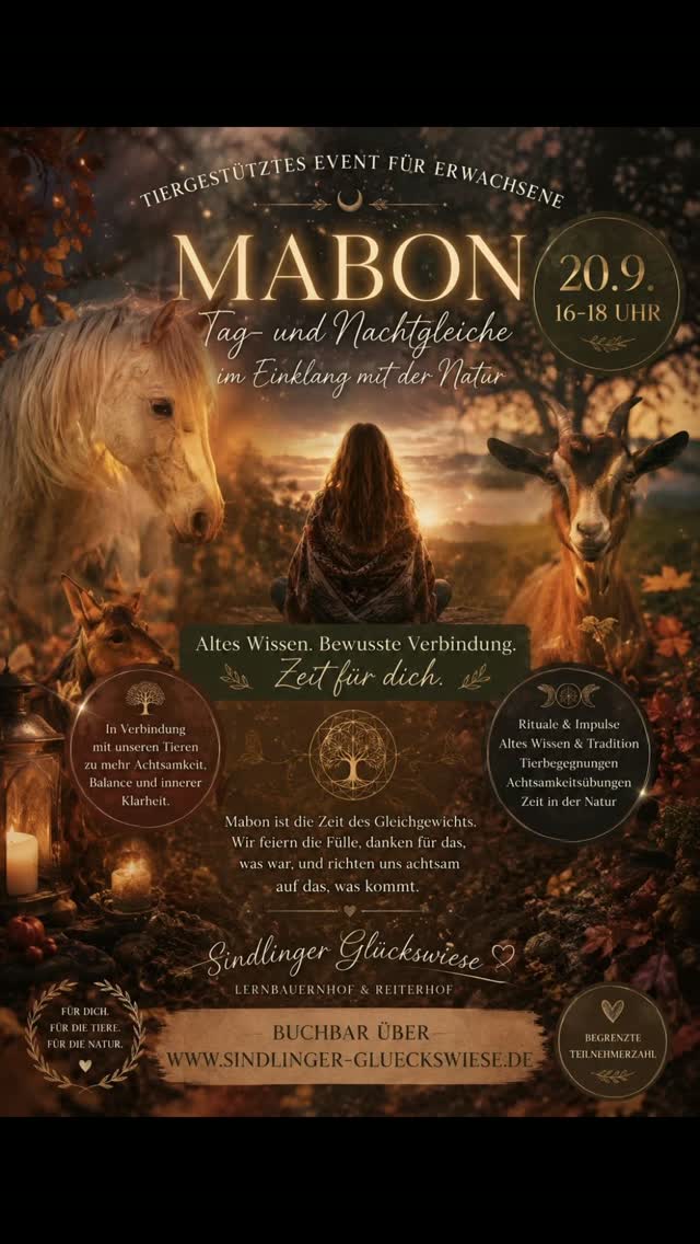 🍂 MABON – Zeit des Gleichgewichts 🍂
20. September | 16–18 Uhr | Sindlinger Glückswiese
Wenn der Sommer sich langsam verabschiedet und die Natur in warme Gold- und Rottöne taucht, beginnt eine besondere Zeit: Mabon – die Herbst-Tagundnachtgleiche.
Tag und Nacht sind im Gleichgewicht. Die Natur lädt uns ein, innezuhalten, dankbar zurückzublicken und bewusst wahrzunehmen, was uns trägt.
🌿 Ein tiergestütztes Erlebnis für Erwachsene, das Natur, Tiere und achtsame Momente miteinander verbindet.
Auf der Sindlinger Glückswiese erwartet dich eine besondere Auszeit vom Alltag – mitten zwischen unseren Tieren.
🐴 Begegnungen mit Pferden & anderen Tieren
🍁 Altes Wissen & traditionelle Bräuche rund um Mabon
🕯️ Rituale und Impulse zur Herbstzeit
🌳 Achtsamkeitsübungen in der Natur
✨ Zeit zum Innehalten, Reflektieren und Kraftschöpfen
🤎 Bewusste Verbindung zu dir selbst, zur Natur und zu unseren Tieren
Mabon steht für Dankbarkeit, Fülle, Loslassen und Neubeginn.
Was möchtest du aus dem vergangenen Sommer mitnehmen?
Was darf gehen?
Und worauf möchtest du deinen Blick in der kommenden dunkleren Jahreszeit richten?
Ein Nachmittag nur für dich.
Ruhig. Naturverbunden. Tiergestützt. Bewusst.
🌙 Mabon – Tag- und Nachtgleiche im Einklang mit der Natur.
📅 20.09.2026
⏰ 16:00–18:00 Uhr
📍 Sindlinger Glückswiese, Frankfurt am Main
👥 Begrenzte Teilnehmerzahl
👉 Jetzt deinen Platz sichern:
www.sindlinger-glueckswiese.de
Sindlinger Glückswiese ♡
Für dich. Für die Tiere. Für die Natur.
#jahreskreisfeste #sindlingerglückswiese #selbstliebestärken #Frankfurt #tiergestützt