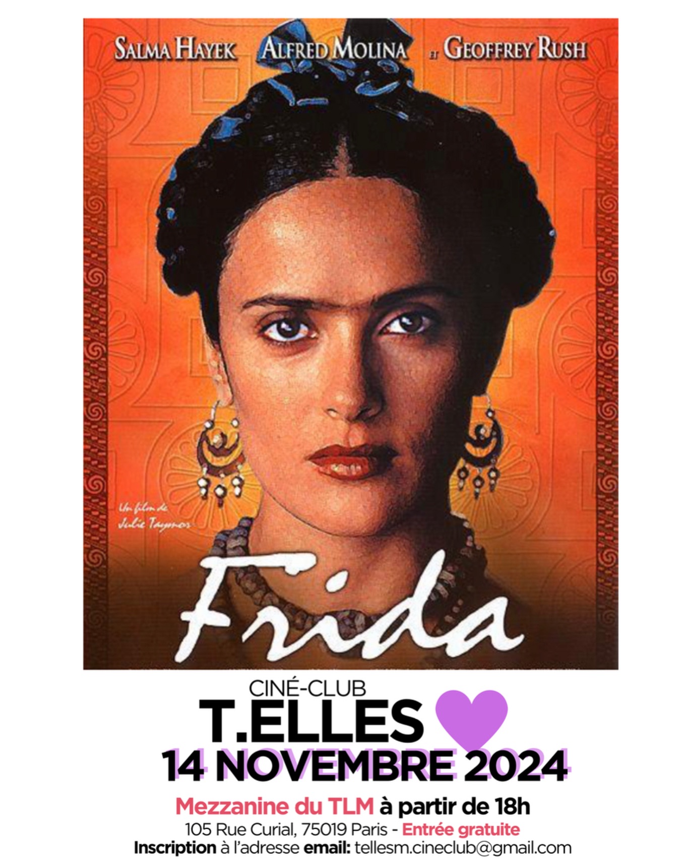 Venez découvrir la vie de cette artiste d’exception !
Et participer aux échanges animés par Philippe BUA (ATCO) sur le Thème Handicap et Vie artistique, avec nos deux invités :
Cindy KEITA, Vice-Présidente des Couleurs de Pont de Flandre, Formatrice de Vie affective et sexuelle des personnes en situation de handicap.
Hormoz, Photographe-réalisateur, Animateur d’ateliers photos au SAJ Cap’ devant.
#cineclub #tellesm #tlm #75019