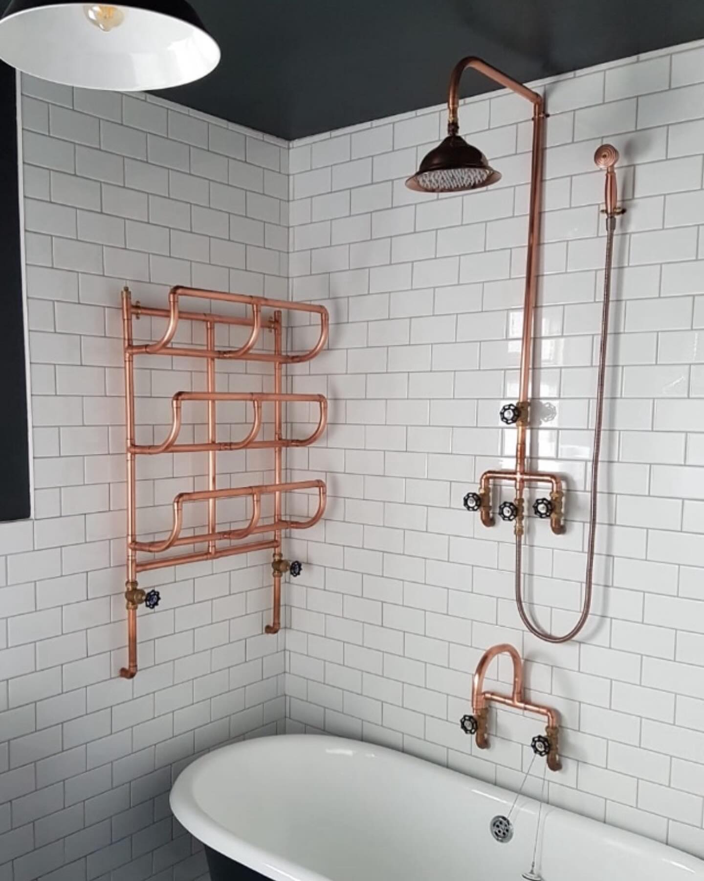 A look back at a customer picture of our radiator, shower and taps installed and looking great in this classic bathroom design. All items are available in our shop at www.bowstreetinteriors.com #bespokebathroom #copperradiator #bespokeradiators #bespoketaps #coppertaps #coppertap #coppershower #bathroomdesign #vintagecopper #vintagebathroom