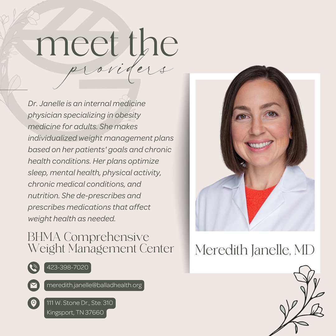 Struggling with weight management? Dr. Meredith Janelle, a specialist in obesity medicine for adults, can help! She creates personalized plans tailored to your goals and health conditions, including:
* Bioimpedance measurements to track your progress
* A holistic approach addressing sleep, mental health, physical activity, chronic conditions, and nutrition
* Customized medication management as needed
Ready to take control of your health? Schedule a consultation with Dr. Janelle today and discover sustainable health strategies to meet your goals.
📞 423.398.7020
📧 Meredith.janelle@balladhealth.org
💻 www.balladhealth.org/locations/bariatrics/kingsport
#DrMeredithJanelle #obesitymedicine #weightmanagement #healthandwellness #personalizedcare #healthcare