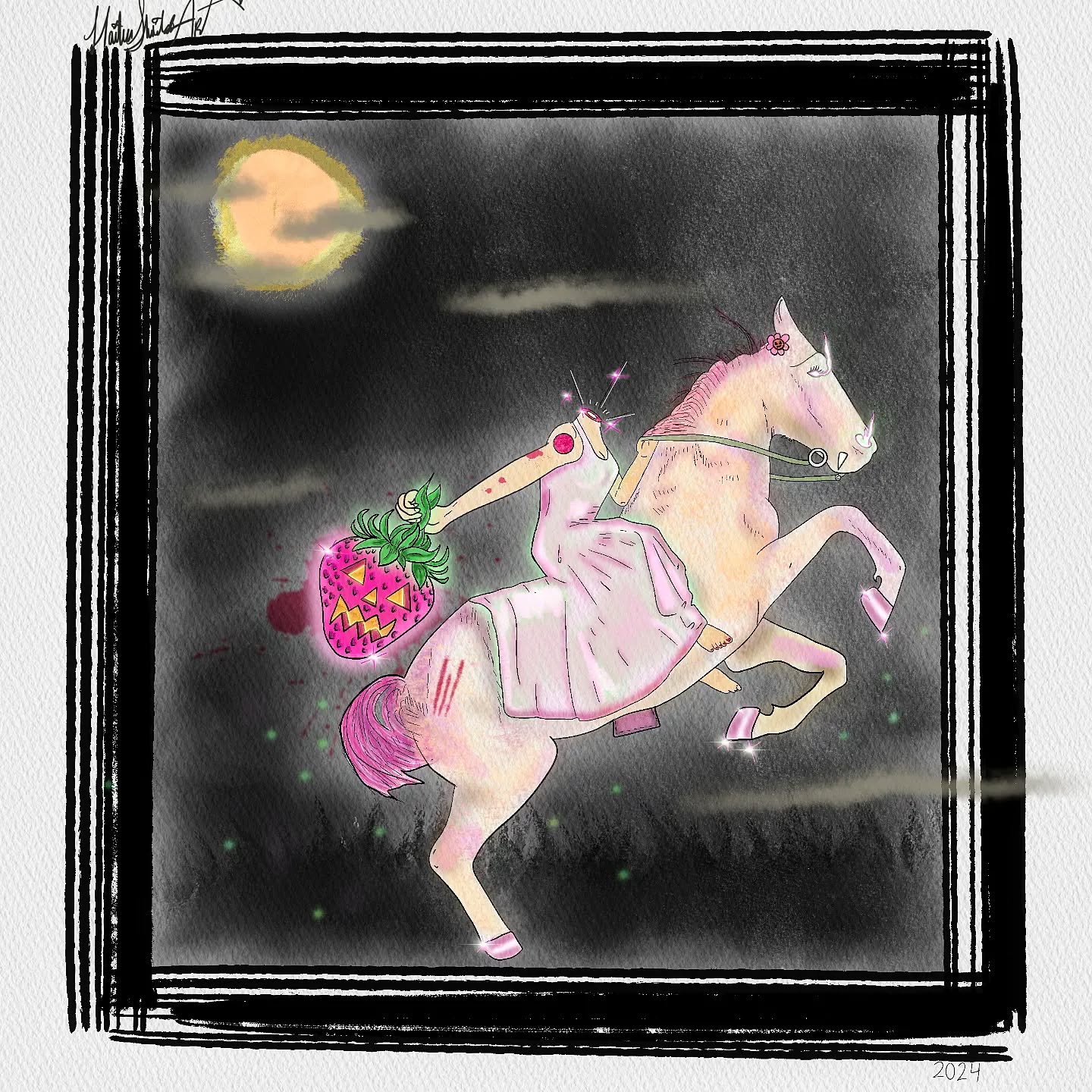 "Strawberry Rider" is a whimsical digital watercolor piece featuring a headless horsewoman in place of the traditional horseman. She rides under a misty twilight sky- Instead of a jack-o'-lantern for a head she has a carved, glowing strawberry -exuding an eerie yet playful charm. The strawberry head has expressive features, casting a soft, magical glow that contrasts against the moody background. The fluidity of the watercolor technique brings a dreamlike quality to the scene, blending fantasy and the unexpected in a uniquely captivating way.