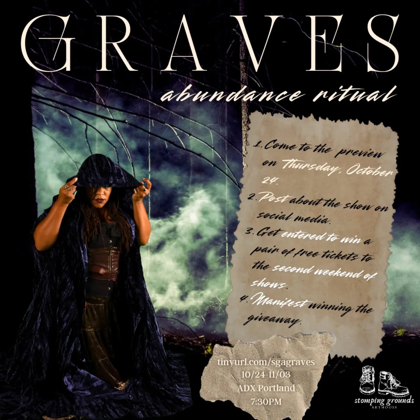 We're opening the book of shadows and sharing a ritual with you! 👻 A (ticket) abundance ritual!
Grab a ticket now for our preview, which is on Thursday, October 24! Then, after the show post about it on social media and tag us to get entered into a giveaway for 2 free tickets to the second weekend! Win and come see how things shift from the preview, or share the wealth and gift your tickets to someone who'd love the show!
•
•
•
#portlandtheatre #halloween
#halloweenevent #newtheatre