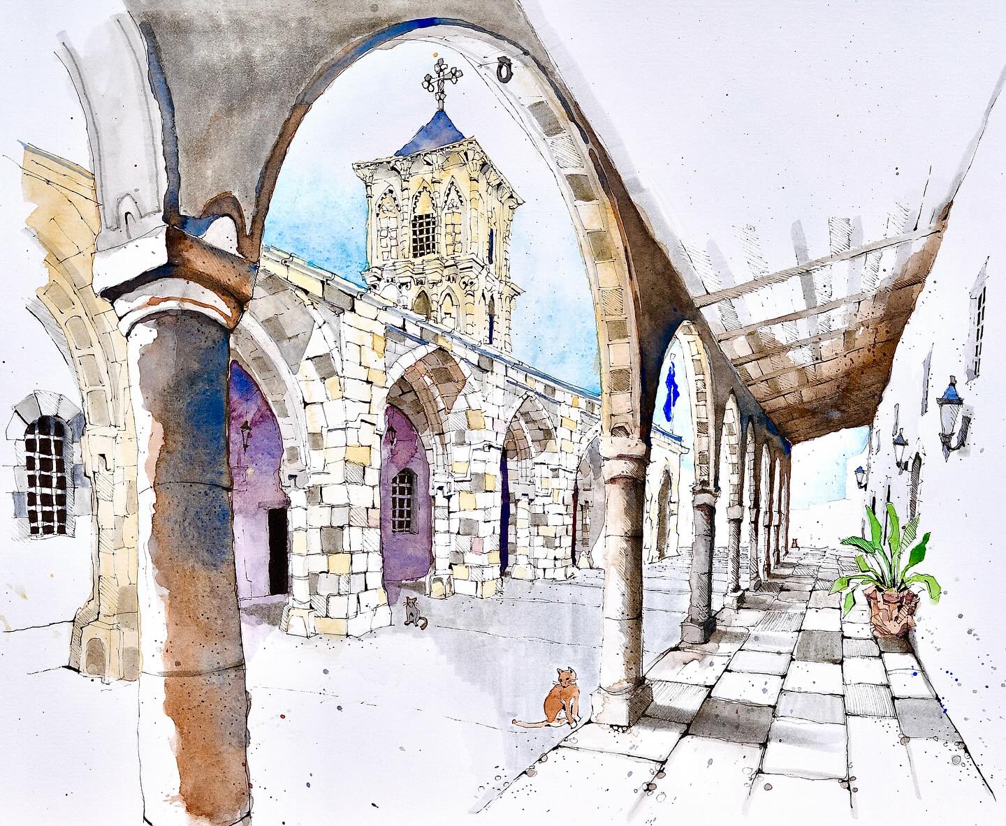 A view of the beautiful tower of the Church of St Lazarus in Larnaka, Cyprus. It now belongs to the Greek Orthodox Church, but this remarkable building has, in earlier times, operated as a Catholic Church under French and Venetian rule in the 13th -16th centuries and then briefly as a mosque during the early days of the Ottoman era before subsequently being used for both Orthodox and Catholic services. I sat in the shade under the colonnade to draw from this angle and escape the fierce sun..
.
#art #artistsoninstagram #drawing #urbansketching #urbansketch #urbansketchers #kunst #oxfordshireartweeks #artist #penandink #penandinkdrawing #sketching #global_sketchers #urbansketchcourse #draw #sketch #artwork #artweeks #nicosia #cyprus #chypre #kıbrıs #lefkosia #larnaka