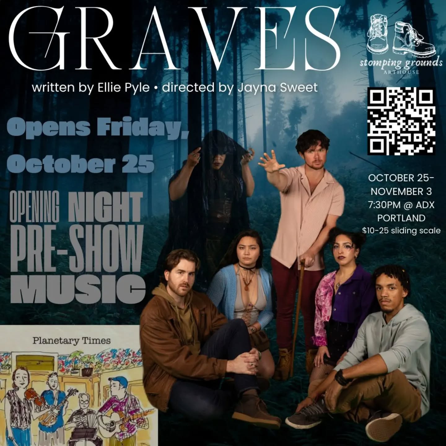 GRAVES opens in one week!! Join us next Friday, October 25 at 7PM for some pre-show tunes by @planetarytimes before our cast tells you a haunting story at 7:30!
You won't want to miss this absolute powerhouse of a team. GRAVES is a World Premiere production, Written by Ellie Pyle & Directed by Jayna Sweet.
👻CAST👻
Daye Thomas as Anelle
Khail Duggan as Sam "Graves"
Nate Ayers as Rafe
Aurora Hernandez as Mina
Ezekiel Cunningham as Vin
Victoria Alvarez-Chacon as Hecate
🪦CREW🪦
Jayna Sweet - Director
Clementine Dorsey - Assistant Director/Stage Manager
K Perren - Scenic Designer/Sound Designer
Rae Davis - Painter
Eduardo Olmos - Photos
GRAVES runs 10/25-11/03 with a preview on 10/24. All performances are Thus-Sun at 7:30PM at ADX Portland.
•
•
•
•
•
#portlandtheatre #halloweenevent #spookyseason #oregontheatre #newworks #adx