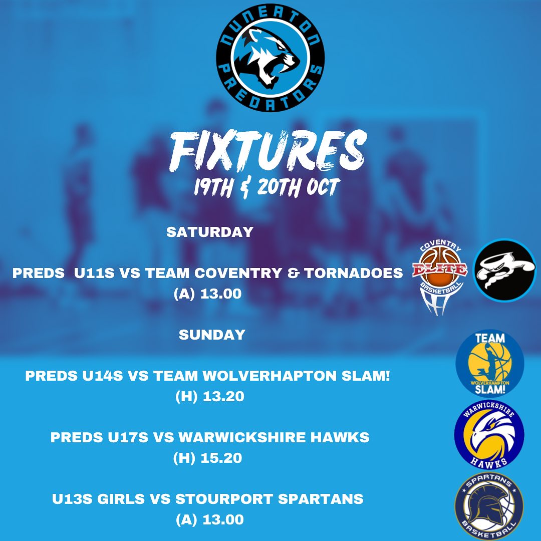 Fixtures for this weekend, 19th & 20th Oct 🏀
Best of luck to all our Preds
#letsgopreds #partofthepride #femaleballers #warwickshirebasketball #wyreforestbasketballleague