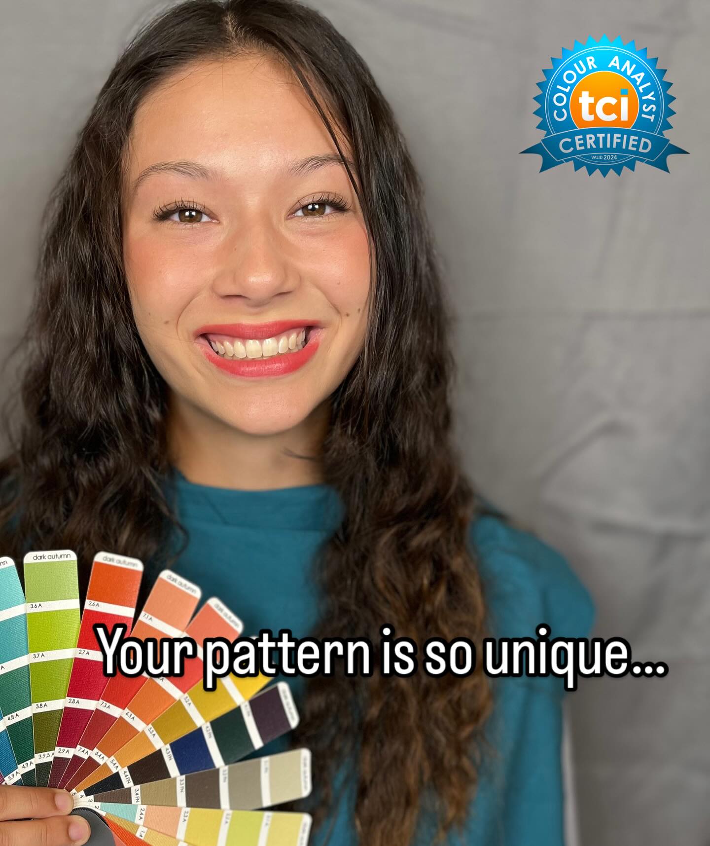 Taking in someone’s natural hair + eye + skin color pattern is such a fascinating thing. Just about anytime I see a new client my anticipation of seeing how their coloring tests is intriguing. There are some that at first glance look one way and upon more time with them parts of their coloring that isn’t as obvious starts showing and it feels like a treasure!! I’m not joking - what a cool thing that we all have different special things about us that make us US! This beauty was riding a line and she ultimately tested strong in a category but we flexed a little with lipstick choices and watched what happened when we reached across the line a little. This lipstick is technically a little cool for her palette but when you ride a line in your coloring there are ways to find a threshold of what your patterns will allow before disharmony kicks in. This lipstick goes great with this blue but if she were to pair it with her DA reds and oranges this is where disharmony would show up. Play with colors, guys!! Find your lines… mix and match and observe. Often boundaries give us an amazing jumping off point - a skeleton - for some really creative compositions. 🙌🏽