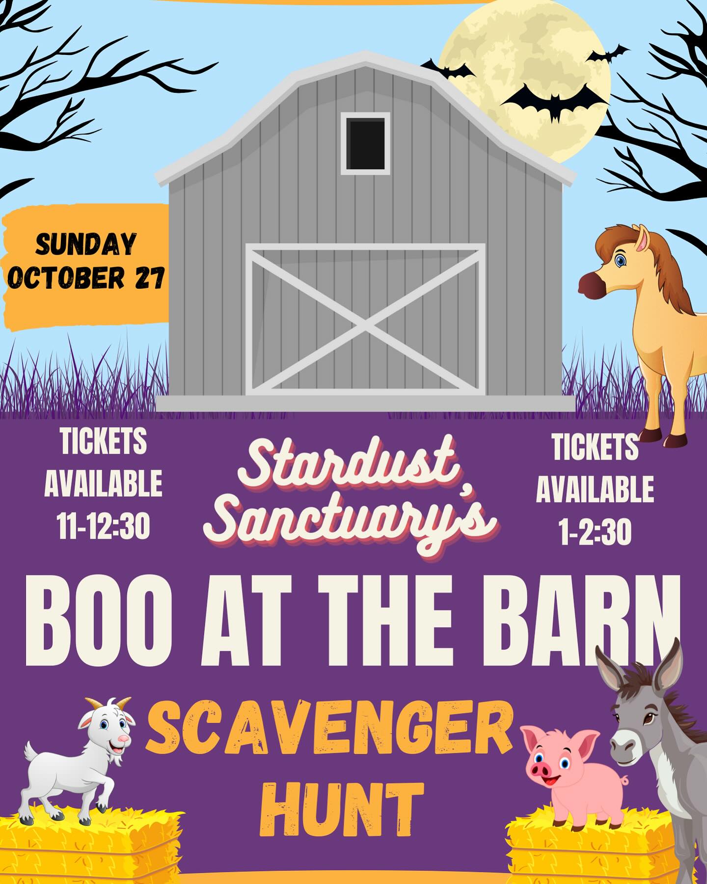 We had so much fun meeting new friends at the Sanctuary for our first activity, that we decided to squeeze in one more before Halloween!
Join us for an educational scavenger hunt at our barn! Tickets are only $10, with craft and sensory activities available for an additional cost to support our furry friends’ feed and veterinary bills.
This is a great way to step into the Sanctuary and learn about what we’re working on bringing to the community.
We’re offering two time slots to come visit this Sunday, Oct 27:
11-12:30 and 1-2:30
Each time slot provides the opportunity to walk around and say hello to animal friends, play at the playground and participate in the Halloween scavenger hunt.
There are a limited number of tickets available and they are required to visit.
Register here: stardustsanctuaryca.org/visit