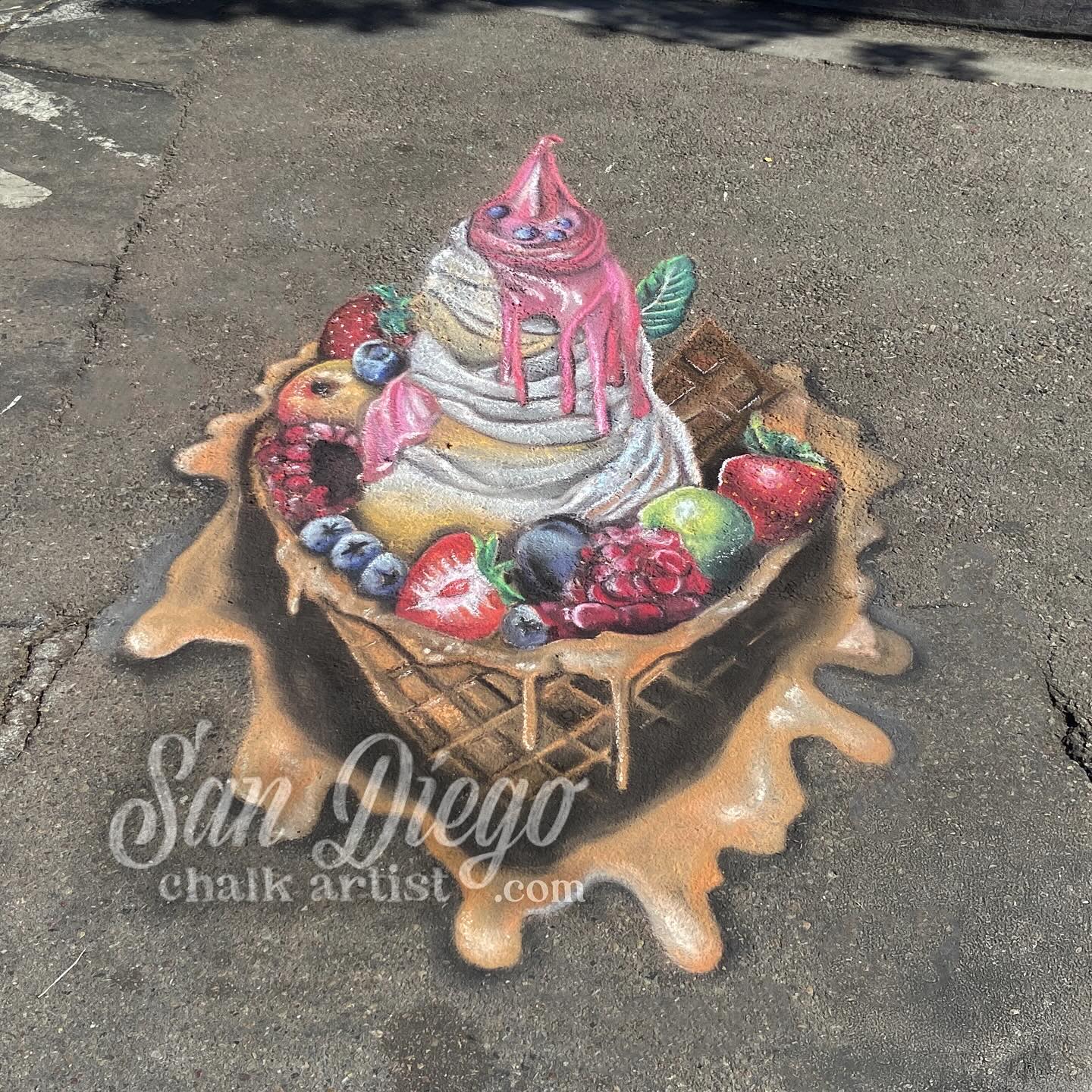Che Fico! I chalked a 3D gelato for Bella Vita Fest this weekend. Drawing food always makes me hungry! It took about 5 hours to draw on site from start to finish- 2 of those hours was waiting for the base paint to dry! 4’ wide by 8’ tall. The festival theme was anything Italian! Pics of the detail and distortion included. You can see what the other artists made at @artwalksd - Thanks for having me, Bella Vita Team!
#BellaVitaFest #BellaVitaFestival #SanDiego #SanDiegoChalkArtist #SanDiegoChalkArt #3dChalkArt #3dArt #Gelato