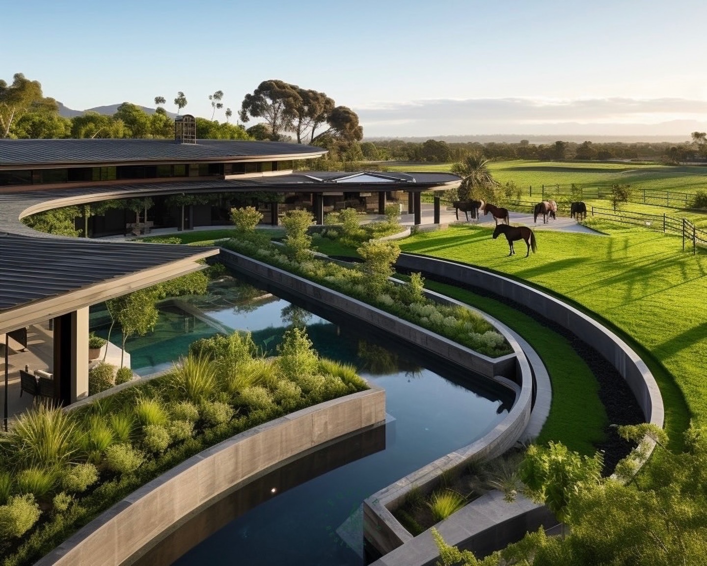 This @Equine_Residences stable design is an awe inspiring, jaw drop, (WOW!) water retention, marvel. More like a six star ⭐️ ⭐️ ⭐️⭐️⭐️⭐️ hotel! I’m ready to book a stay, with or without a horse!
#Repost @equine_residences
・・・
Eco-Friendly Stable Design | I’m feeling very inspired by green roofs and water retention (on land, not my belly!).
On many Wellington (and worldwide) properties, water retention is a big concern. Those ponds you see at many farms are required by city and council law unless you create elaborate drainage systems (which I like sometimes if it frees up acreage for the horses to have space). But I was thinking it would be pretty great to use the water as features, instead. Hence, this current inspiration!
gatejamejo
**THESE IMAGES ARE Al**
**We are currently seeking copyrights on all material, so while pending consider them copyrighted to Equine
Residences ™️ If you repost, please state that these are AI and designed by Equine Residences**
.
.
.
.
.
#digitalart #generativeart #midjourneyarchitecture #midjourneyarchitect #designmilk #oldmoneyaesthetic #aigeneratedimages #aigeneratedart #archdaily #diseñodeinteriores #equestriandesign #equestrianstyle #equestrian #equinedesign #equestrianlifestyle #equestrianhome #equestrianluxury #tackroomgoals #ecofriendlyarchitecture #equinearchitecture #equestriandecor #luxuryequestrian #ecoliving #horsebarns #pferd #cheval #cavallo #caballo #paard