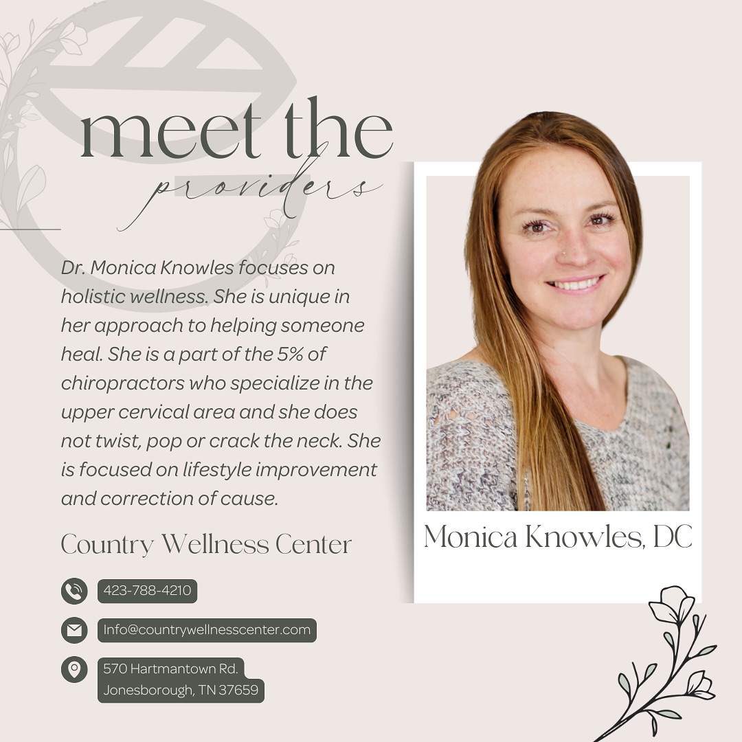 🌟 Meet Dr. Monica Knowles! 🌟
Dr. Knowles is redefining holistic wellness with her unique approach to healing. As one of the rare chiropractors specializing in the upper cervical area, she offers a gentle method that avoids twisting, popping, or cracking the neck. Instead, her focus is on lifestyle improvements and addressing the root causes of discomfort. Discover how Dr. Monica can help you on your journey to better health and well-being! 💖✨
Find out more about Dr. Monica at:
📞 423.788.4210
📧 Info@countrywellnesscenter.com
💻 www.countrywellnesscenter.com
#DrMonicaKnowles #chiropractor #wellness #holisticcare #CountryWellnessCenter