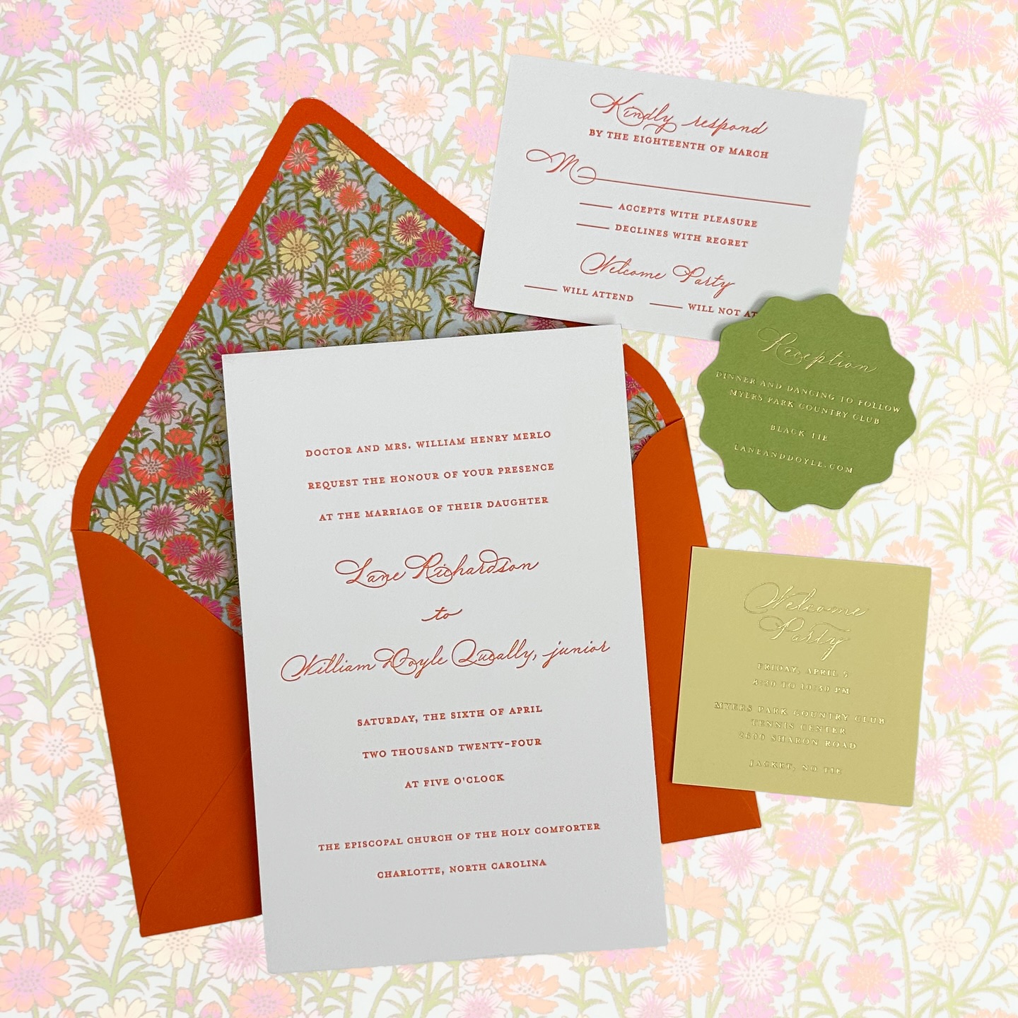 bright & beautiful in honor of this weather! this suite would bring a smile to any recipient’s face even on the rainiest of days. with double thick cardstock, beautiful letterpress, gold foil edges, wavy die cut details, and the most fun liner… 🤩
#customweddinginvitations #ncwedding #invitationdesign