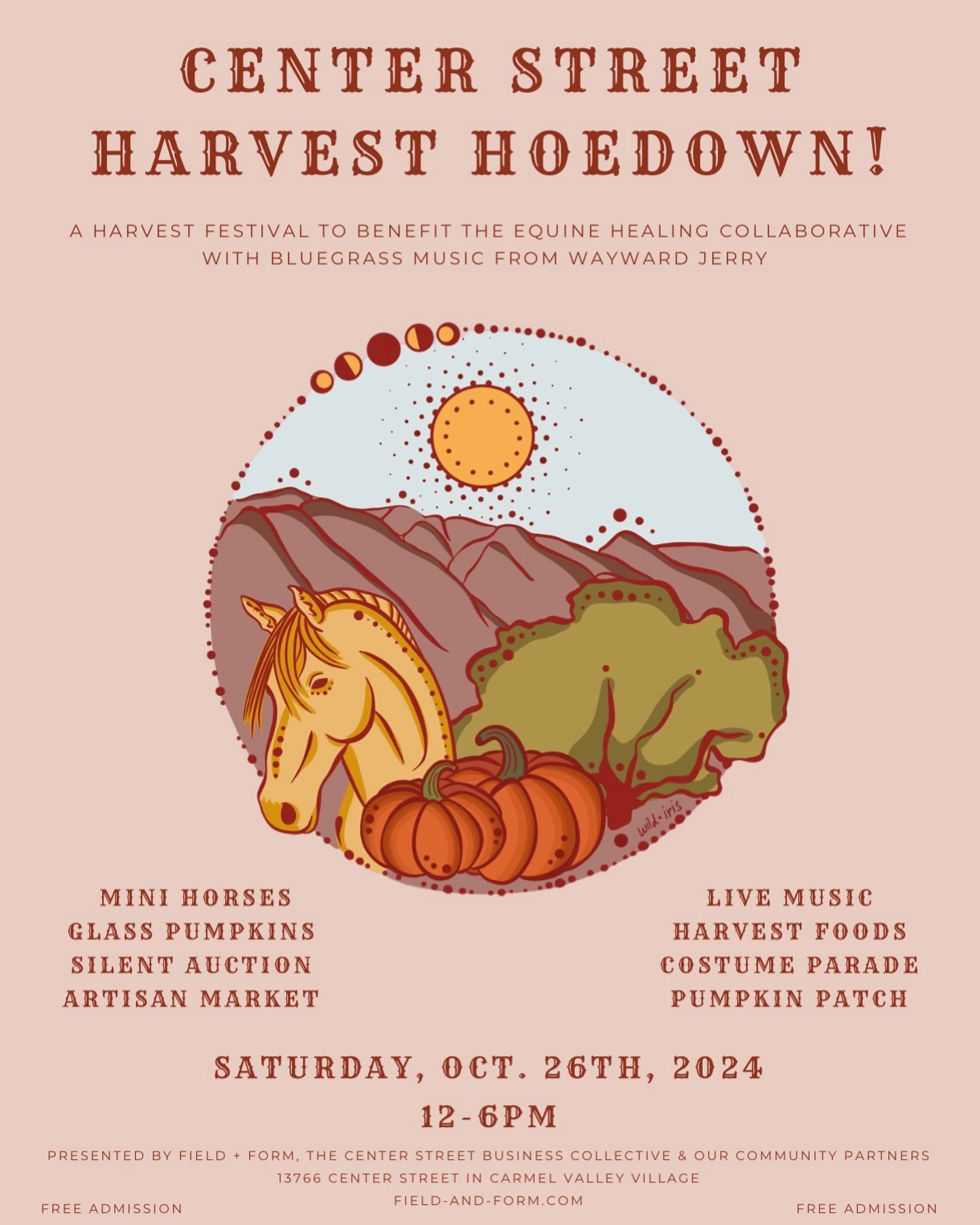 The Center St Harvest Hoedown is happening THIS Saturday on Center St in the Carmel Valley Village from 12-6pm.
There will be live music by @waywardjerry , a silent auction, costume parade for the kiddos, pumpkin patch, mini horses, artisan market with local vendors, glass pumpkins, food and more!
This event is hosted by the Center Street Business Colective in collaboration with @fieldandformca . Proceeds from this event are being donated to the extraordinary @theequinehealingcollaborative towards the purchase of their land so that the herd and the humans they work with have a permanent place to call home.
We are so excited to see you all at Center Street on Saturday!