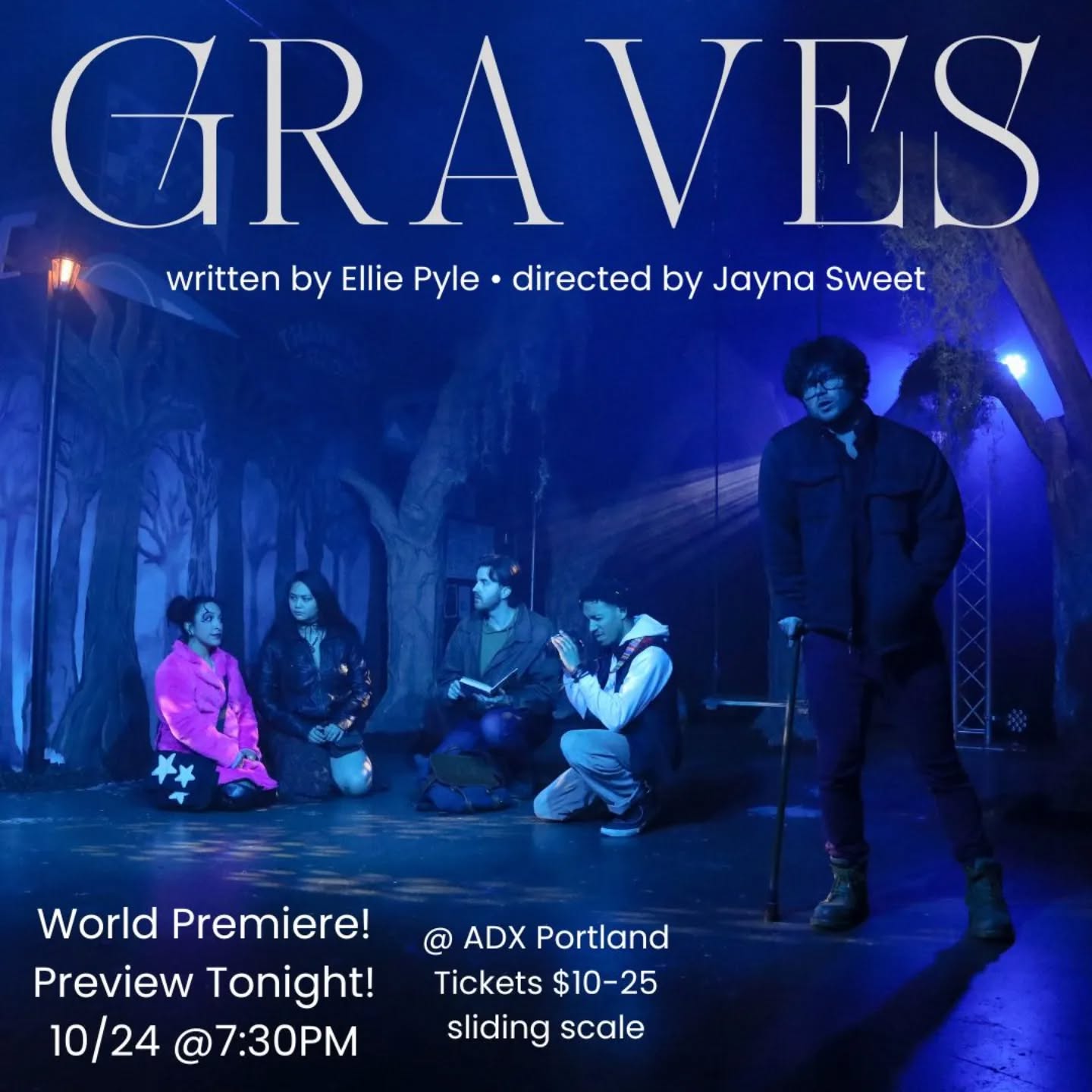 Join us TONIGHT for the preview of "Graves," a World Premiere written by Ellie Pyle and directed by Jayna Sweet. 👻
Plus! If you join us tonight and post about the show on socials after, you'll be entered into a giveaway for tickets to the second weekend. ✨
Doesn't it look stunning?? Promise it's even MORE magical in person! 🤩
7:30PM at @adxportland tickets are $10-25 sliding scale. See you soon! 🪦